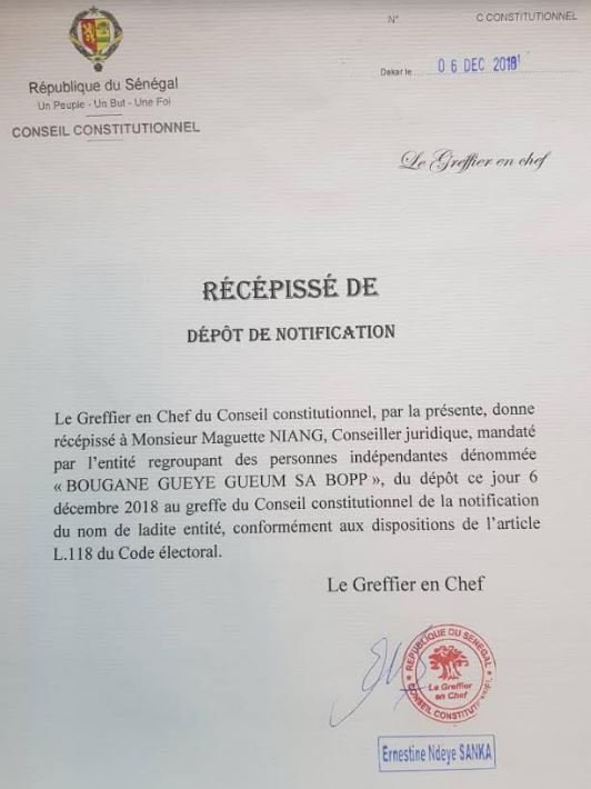 Le conseil constitutionnel a délivré la notification du nom " Gueum Sa Bopp"