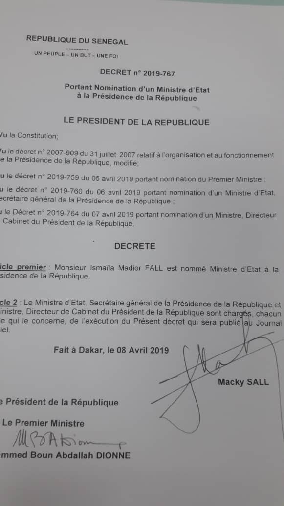 Ismaila Madior Fall nommé Ministre d'Etat auprès du président Macky Sall Ismaila Madior Fall nommé Ministre d'Etat auprès du président Macky Sall