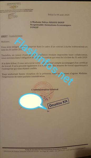 FONGIP : Voici la lettre de licenciement de Ndèye Ndiaye Atlanta... FONGIP : Voici la lettre de licenciement de Ndèye Ndiaye Atlanta...