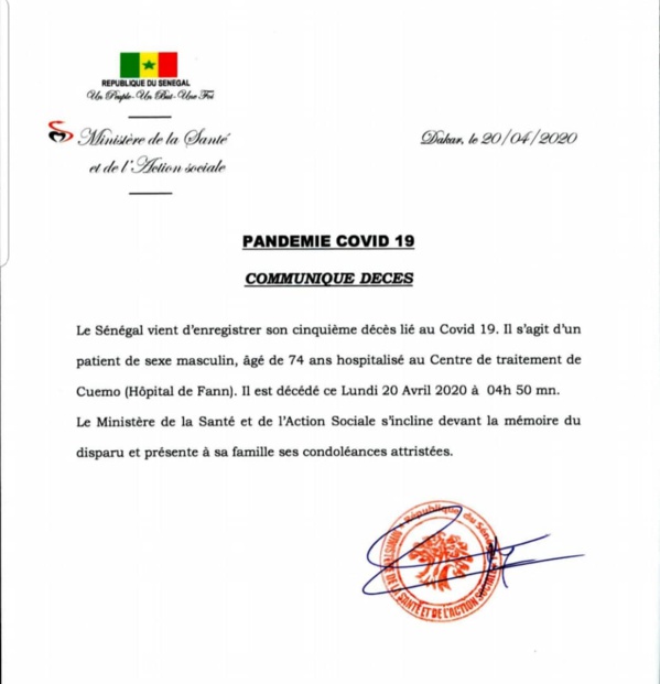 Coup dur : 5ème décès lié au Covid-19 au Sénégal