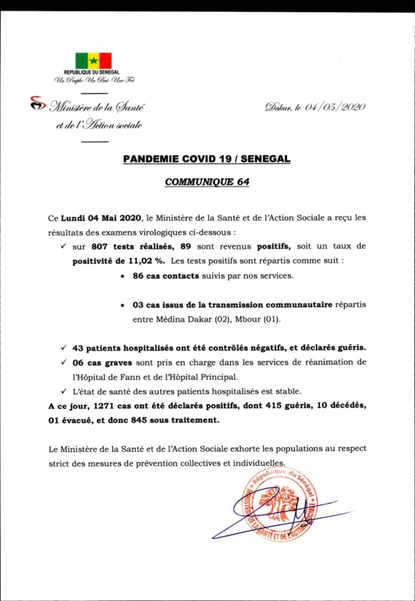 Covid-19 au Sénégal :  89 nouveaux cas confirmés... 10ème décès.. 