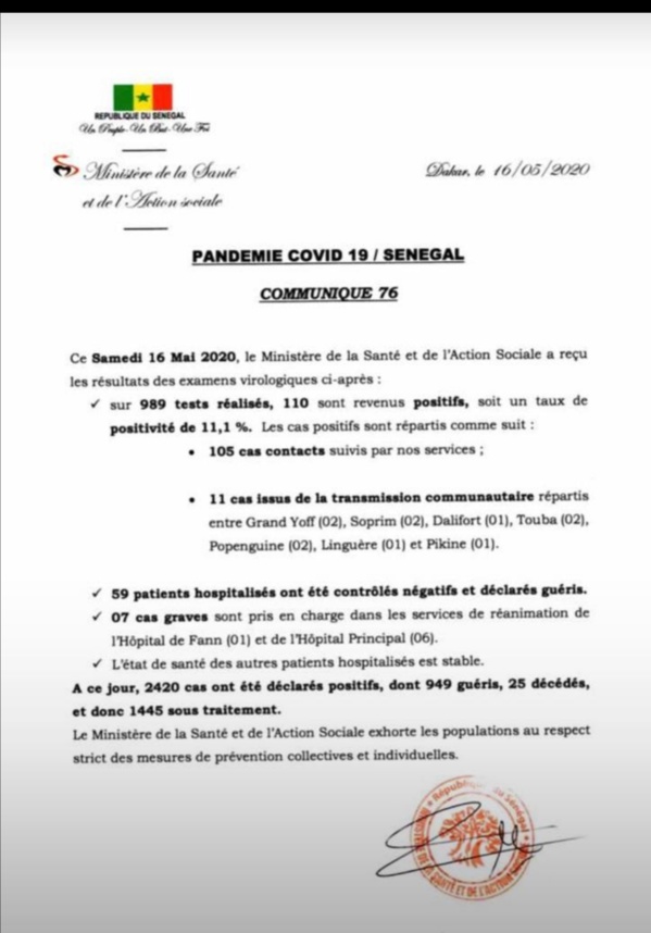 Sénégal : 110 nouveaux cas de Covid-19 et 7 cas graves 
