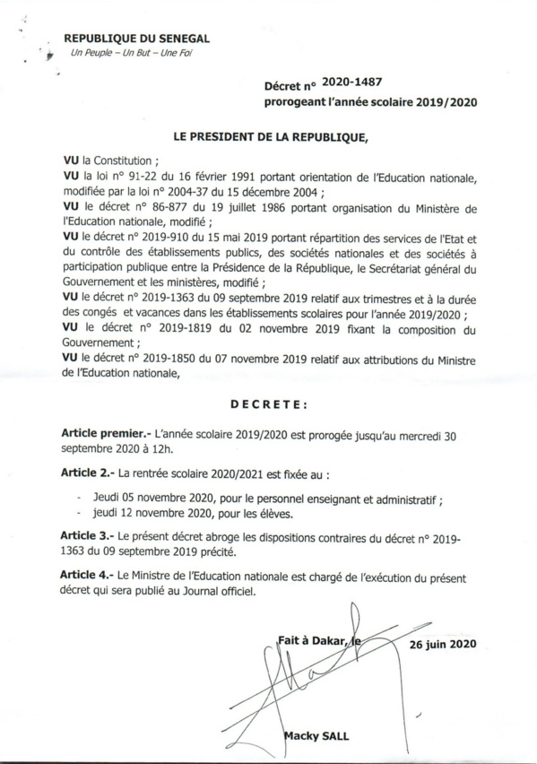 OFFICIEL : L’ANNÉE SCOLAIRE PROROGÉE JUSQU’AU 30 SEPTEMBRE