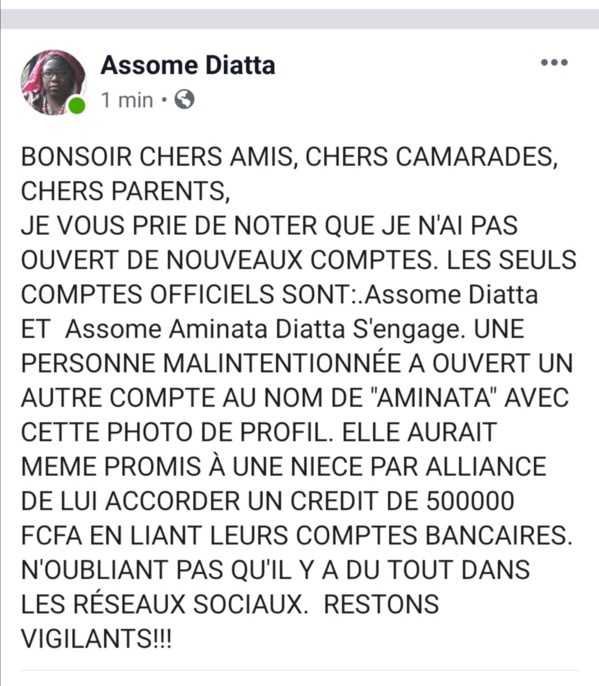 Escroquerie : Une fausse Assome Diatta tente d'arnaquer sur Facebook  Escroquerie : Une fausse Assome Diatta tente d'arnaquer sur Facebook