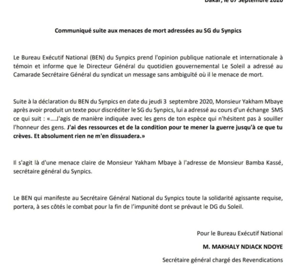 «Yaxam Mbaye menace de mort Bamba Kassé» (Synpics) «Yaxam Mbaye menace de mort Bamba Kassé» (Synpics)