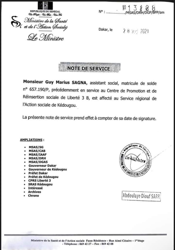 Action Sociale : Guy Marius Sagna affecté à Kédougou