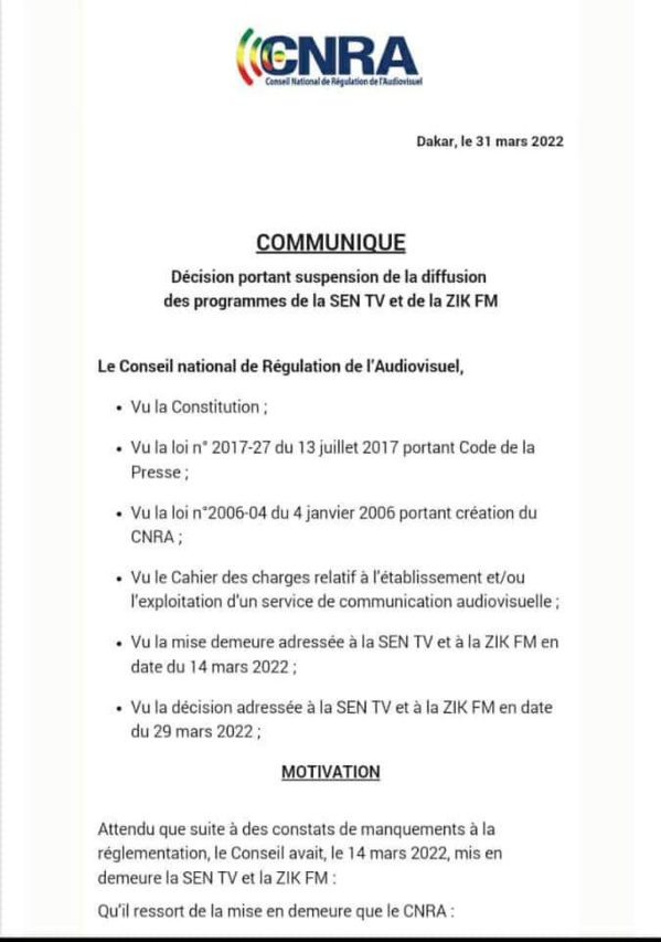 Le Cnra coupe le signal de la SEN TV