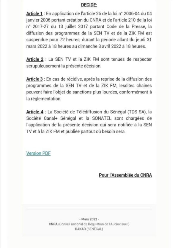 Le Cnra coupe le signal de la SEN TV