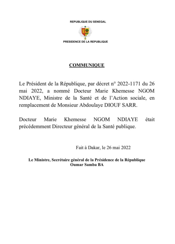 Diouf Sarr limogé, Marie Khemesse Ngom nouveau ministre de la santé et de l'action sociale