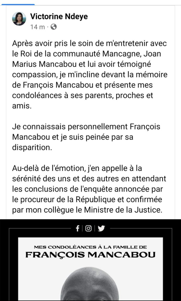 Décès de Mancabou : Victorine Ndèye peinée et en appelle à la sérénité 