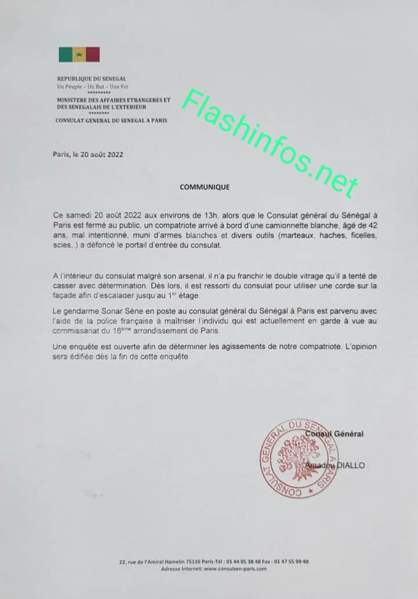 Paris : Un compatriote "armé" a tenté de s'attaquer au Consulat Général du Sénégal 