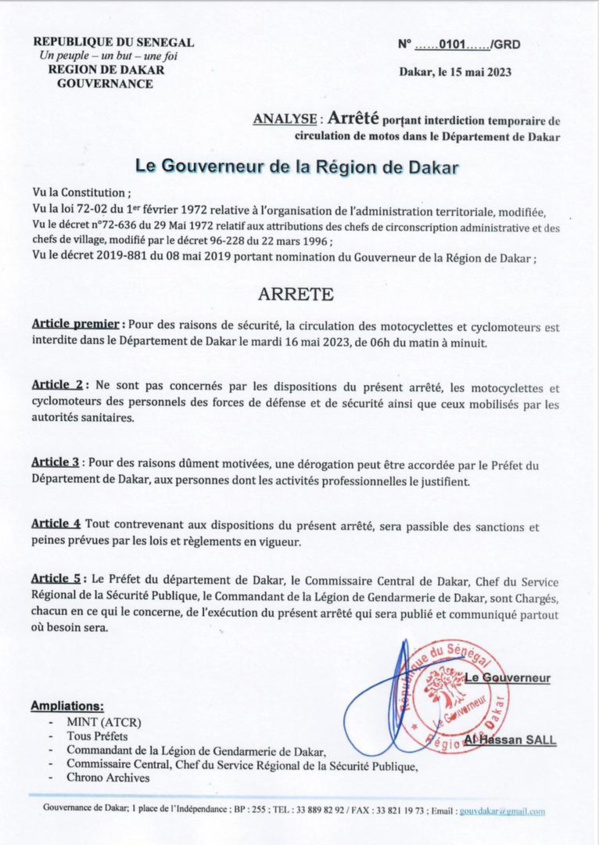 Procès Sonko-Adji Sarr: Le Gouverneur de Dakar interdit la circulation de motos