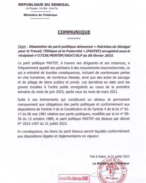 L'Etat du Sénégal dissout le parti Pastef de Sonko par décret 