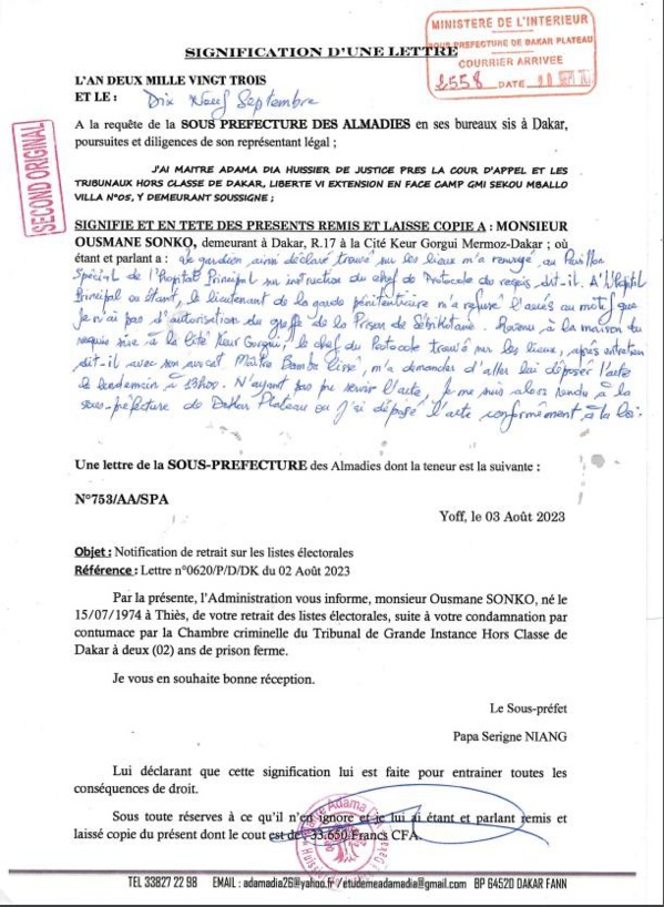 Radiation de Sonko : L'acte déposé à la sous-préfecture de Dakar-Plateau