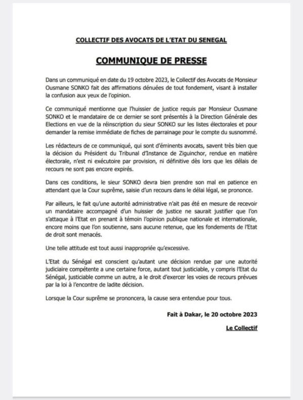 Affaire DGE et « les fiches de parrainages de Sonko » : La réponse du collectif des avocats de l’Etat