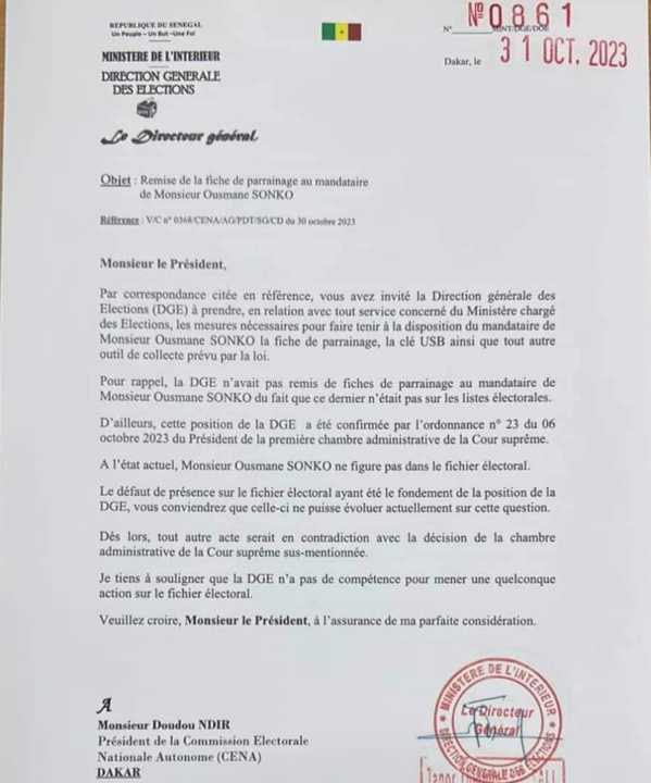 Fiches de parrainage à Sonko : La DGE dit niet à la Cena et précise....