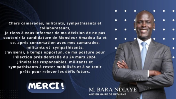 Bara Ndiaye : "Je vous informe ma décision de ne pas soutenir Amadou Ba"