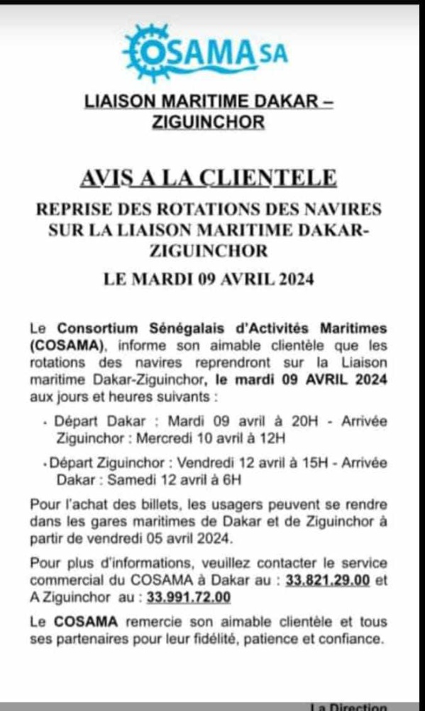 Dakar - Ziguinchor : Les bateaux reprennent service, mardi 09 avril prochain