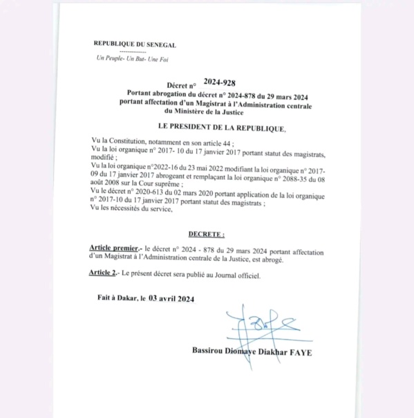 Annulation des nominations de Macky Sall dans la magistrature : Voici les décrets de Bassirou Diomaye Faye