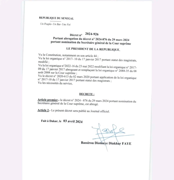 Annulation des nominations de Macky Sall dans la magistrature : Voici les décrets de Bassirou Diomaye Faye