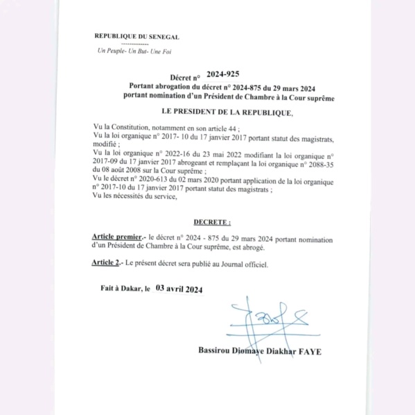 Annulation des nominations de Macky Sall dans la magistrature : Voici les décrets de Bassirou Diomaye Faye