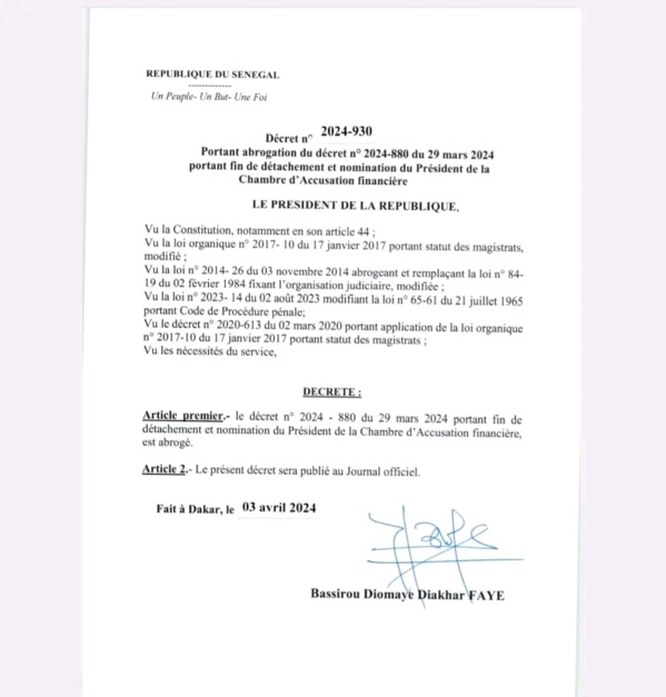 Annulation des nominations de Macky Sall dans la magistrature : Voici les décrets de Bassirou Diomaye Faye