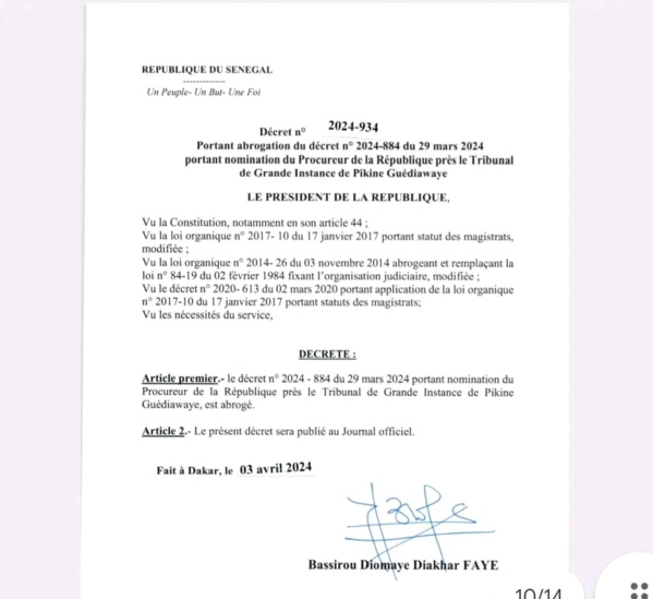 Annulation des nominations de Macky Sall dans la magistrature : Voici les décrets de Bassirou Diomaye Faye