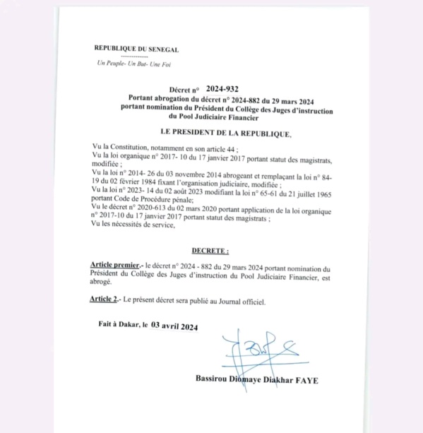 Annulation des nominations de Macky Sall dans la magistrature : Voici les décrets de Bassirou Diomaye Faye