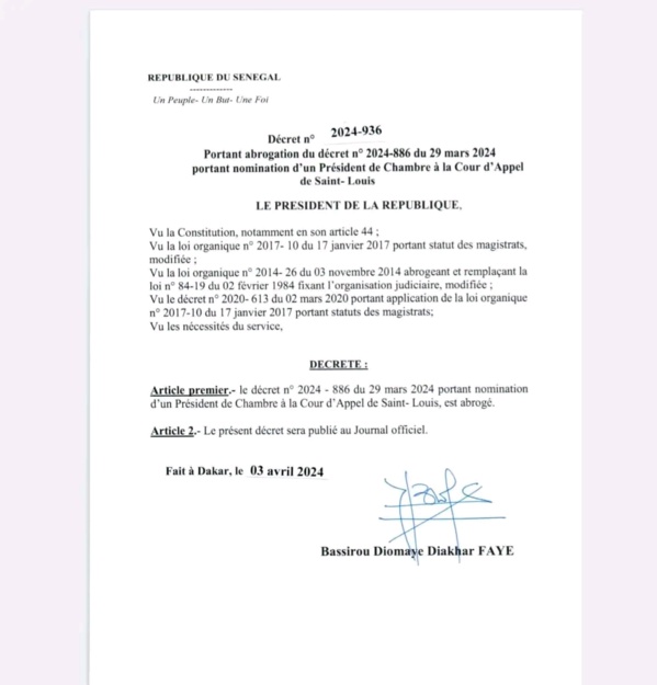 Annulation des nominations de Macky Sall dans la magistrature : Voici les décrets de Bassirou Diomaye Faye