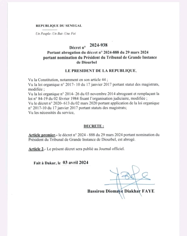 Annulation des nominations de Macky Sall dans la magistrature : Voici les décrets de Bassirou Diomaye Faye