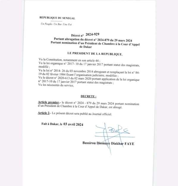 Annulation des nominations de Macky Sall dans la magistrature : Voici les décrets de Bassirou Diomaye Faye
