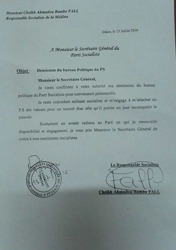 Voici la lettre de démission de Bamba Fall du Bureau politique du Ps Voici la lettre de démission de Bamba Fall du Bureau politique du Ps