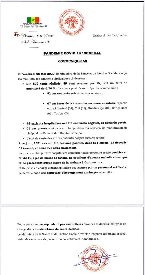 Covid-19 au Sénégal : 7 cas graves, 59 nouveaux cas positifs et... 
