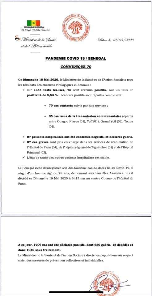 Covid-19 au Sénégal : 18e décès, 75 nouveaux cas et 7 cas graves 