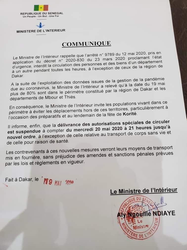 Korité 2020 : L'État prend de nouvelles mesures de confinement des Sénégalais
