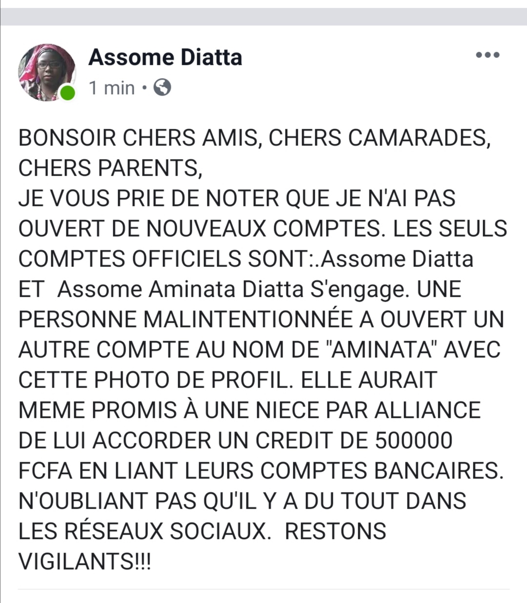 Escroquerie : Une fausse Assome Diatta tente d'arnaquer sur Facebook 