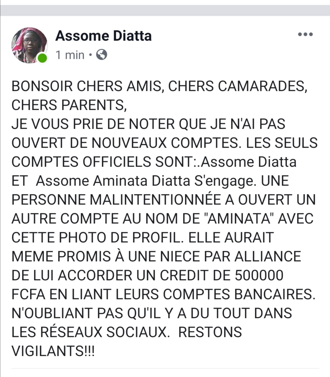 Escroquerie : Une fausse Assome Diatta tente d'arnaquer sur Facebook  Escroquerie : Une fausse Assome Diatta tente d'arnaquer sur Facebook
