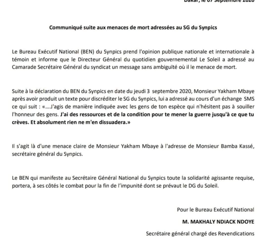 «Yaxam Mbaye menace de mort Bamba Kassé» (Synpics) «Yaxam Mbaye menace de mort Bamba Kassé» (Synpics)