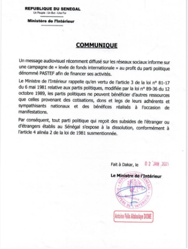Levée de fonds : Le Pastef de Sonko menacée de dissolution par le ministre de l'Intérieur 