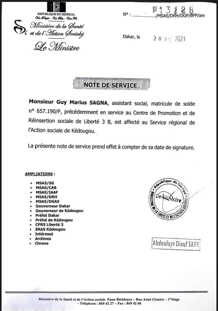 Action Sociale : Guy Marius Sagna affecté à Kédougou