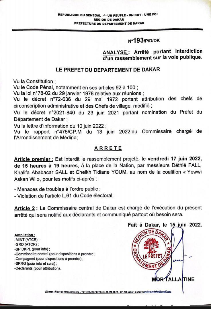 Le Préfet de Dakar interdit la manifestation de Yewi Askan Wi 