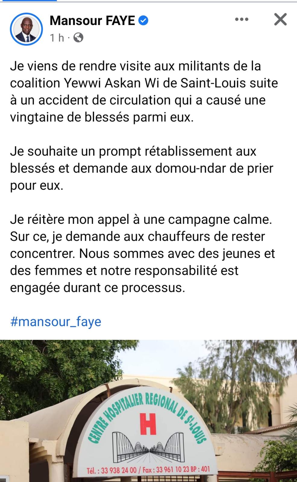 Accident convoi de Yewwi à Saint-Louis : Mansour Faye au chevet des blessés  Accident convoi de Yewwi à Saint-Louis : Mansour Faye au chevet des blessés