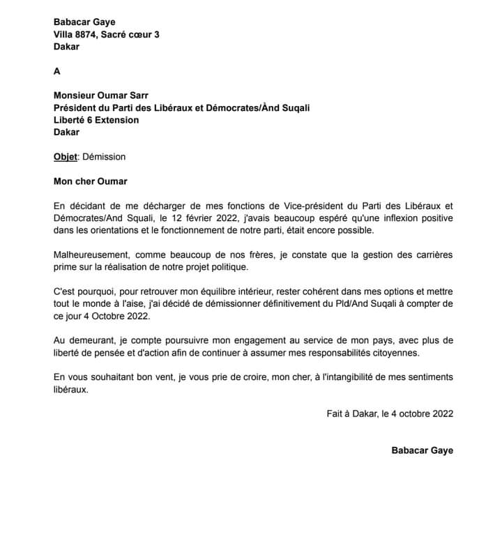 PLD/And Suqali : Babacar Gaye lâche Oumar Sarr et Cie