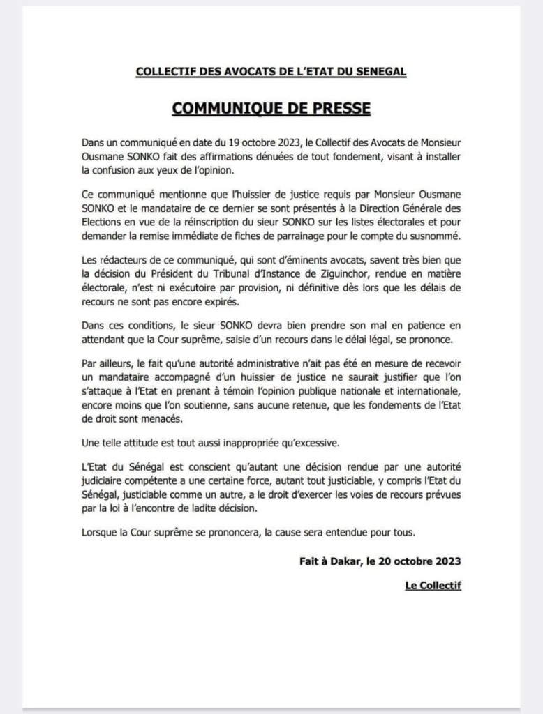 Affaire DGE et « les fiches de parrainages de Sonko » : La réponse du collectif des avocats de l’Etat