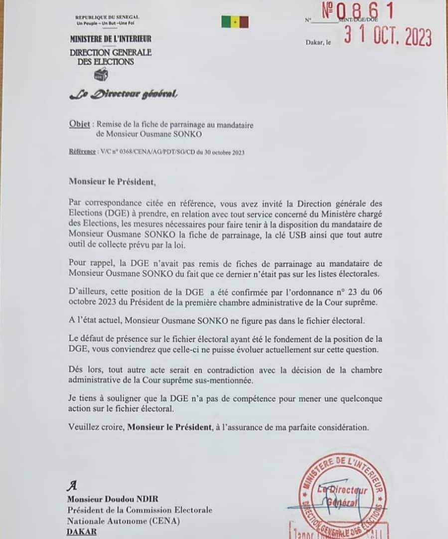 Fiches de parrainage à Sonko : La DGE dit niet à la Cena et précise....