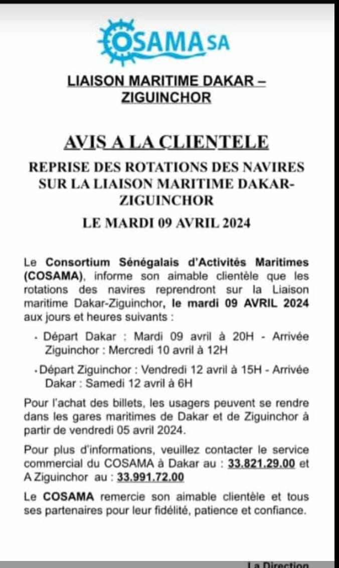 Dakar - Ziguinchor : Les bateaux reprennent service, mardi 09 avril prochain