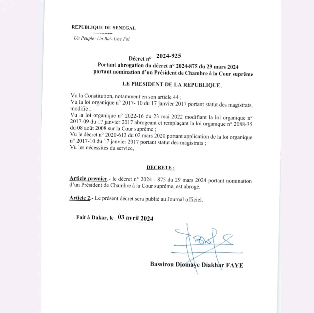 Annulation des nominations de Macky Sall dans la magistrature : Voici les décrets de Bassirou Diomaye Faye