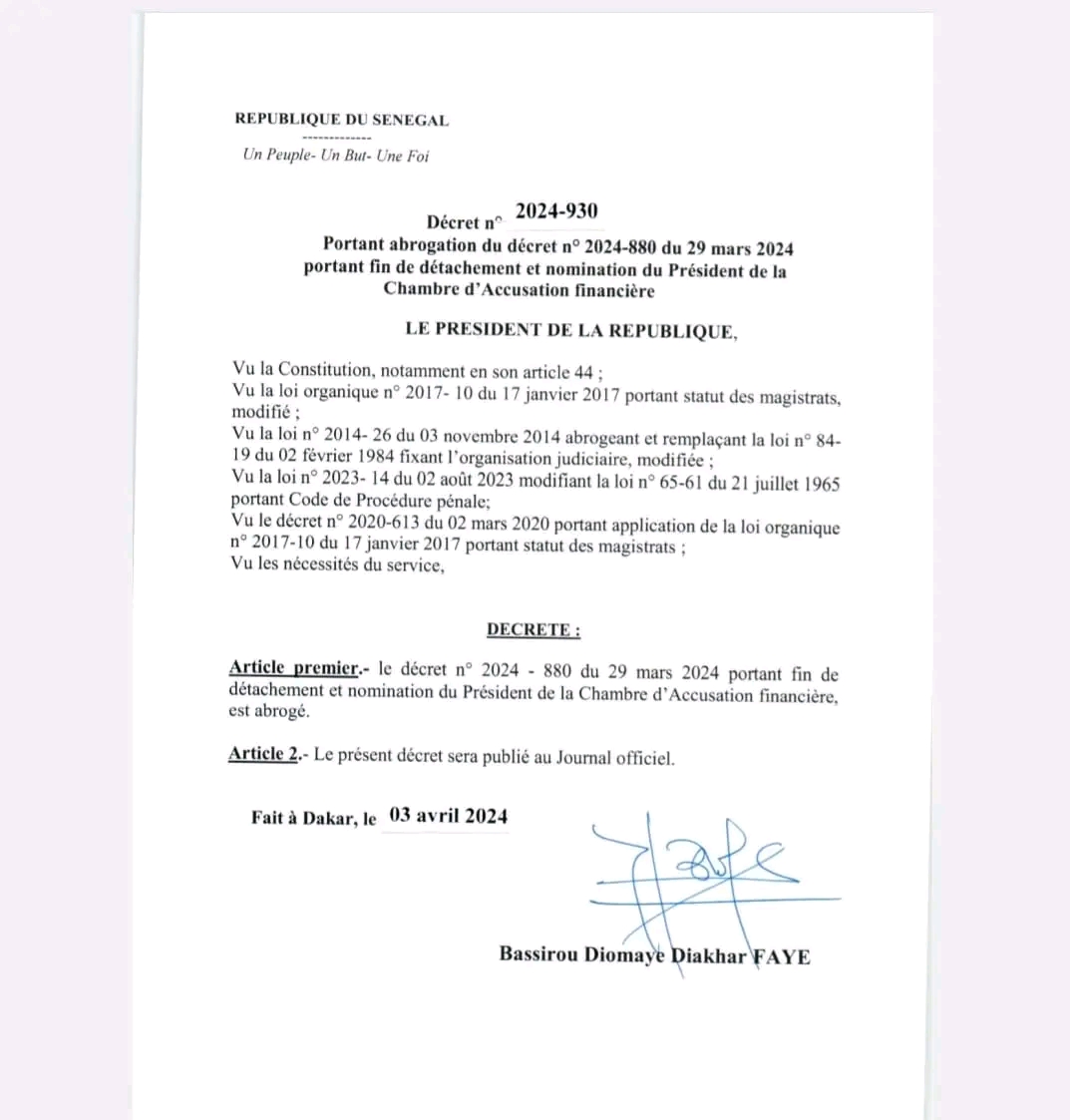 Annulation des nominations de Macky Sall dans la magistrature : Voici les décrets de Bassirou Diomaye Faye