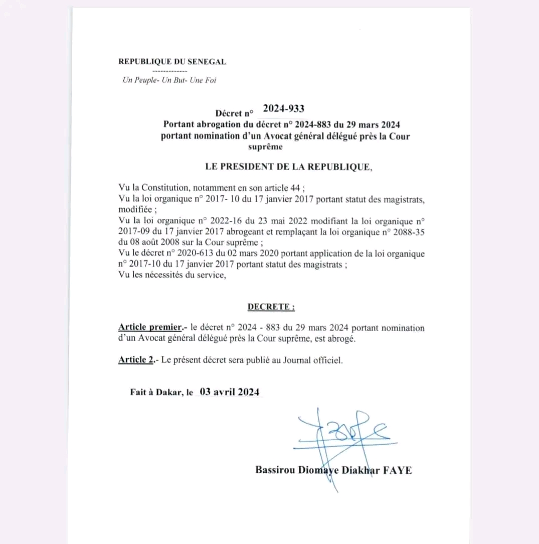 Annulation des nominations de Macky Sall dans la magistrature : Voici les décrets de Bassirou Diomaye Faye