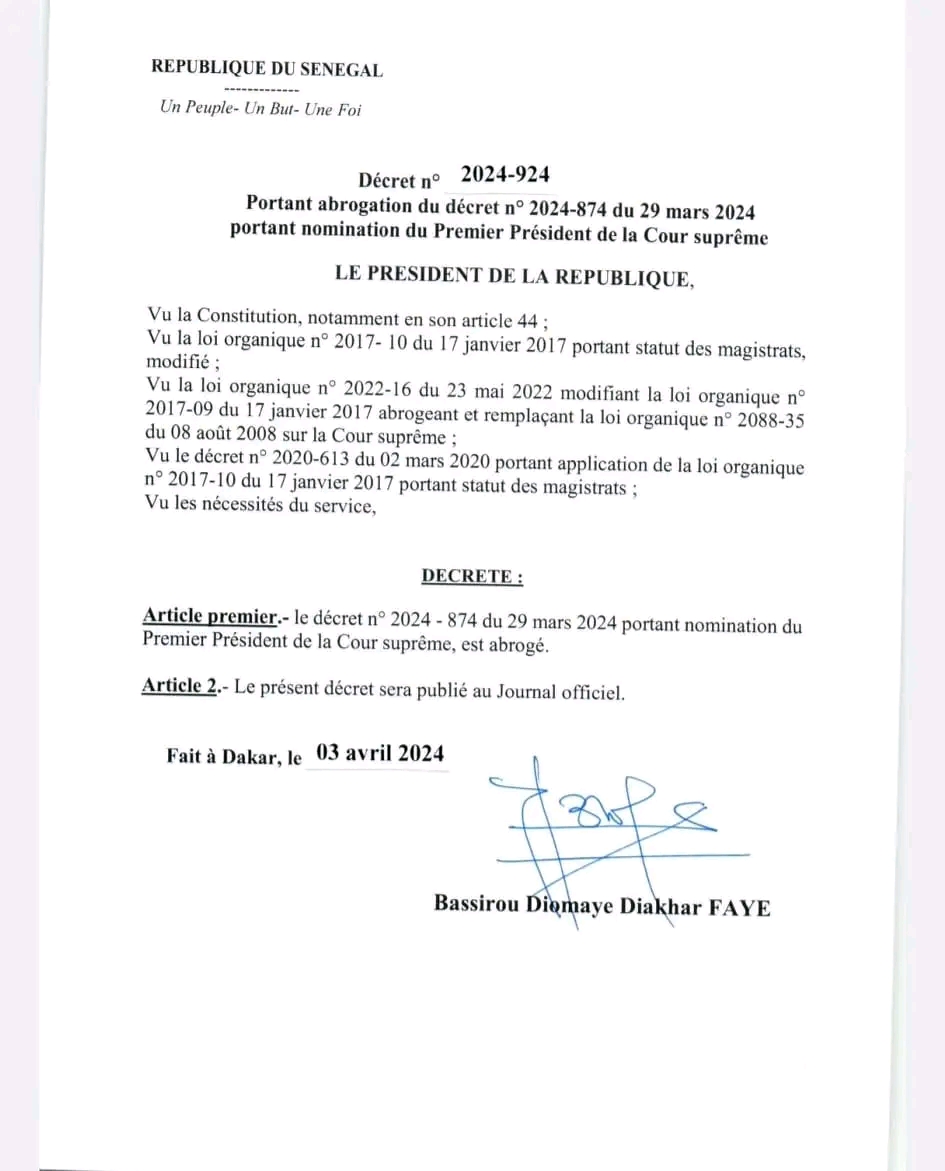 Annulation des nominations de Macky Sall dans la magistrature : Voici les décrets de Bassirou Diomaye Faye